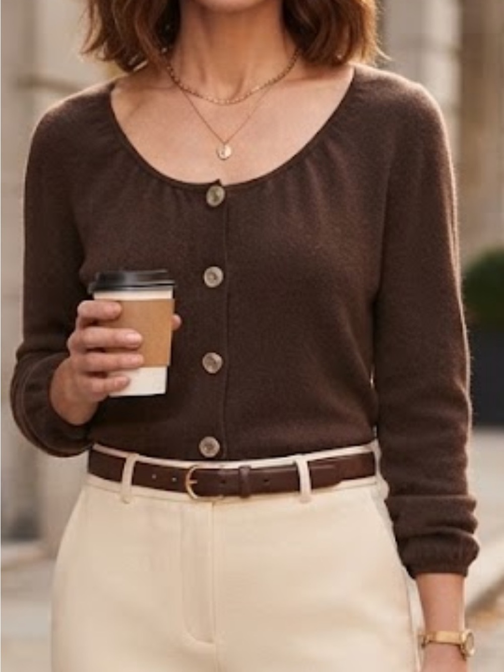 AK Anne Klein 100% Cashmere Brown Scoop Neck Button Front Cardigan Sweater M